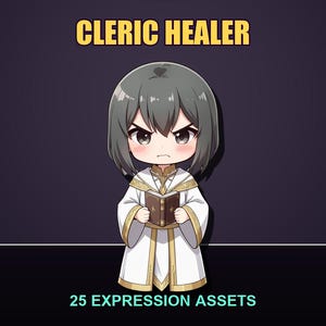 Può includere: Un'illustrazione in stile chibi di un personaggio etichettato CLERIC HEALER, con capelli grigi corti, una veste bianca con finiture dorate e che tiene in mano un libro marrone. Il testo 25 EXPRESSION ASSETS appare in fondo a questo design grafico.