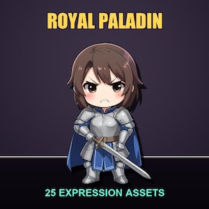 Può includere: Un'illustrazione in stile chibi di un personaggio Royal Paladin con capelli castani, che indossa un'armatura a piastre argentata sopra una tunica blu e un mantello blu. Il personaggio impugna una spada argentata. Il testo ROYAL PALADIN e 25 EXPRESSION ASSETS è visibile.