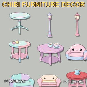 Könnte beinhalten: Eine digitale Illustration mit dem Titel CHIBI FURNITURE DECOR von ChibiSpark mit 80 ASSETS. Die Sammlung umfasst verschiedene pastellfarbene Tische, Lampen und Sofas mit abgerundeten Designs, einige mit kleinen Tassen und Mustern.