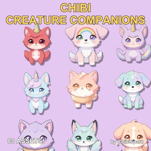 May include: A collection of nine illustrated chibi creature companions on a light purple background. The text reads CHIBI CREATURE COMPANIONS, 80 ASSETS!, and by ChibiSpark. The creatures include various colorful animals with large eyes and horns.