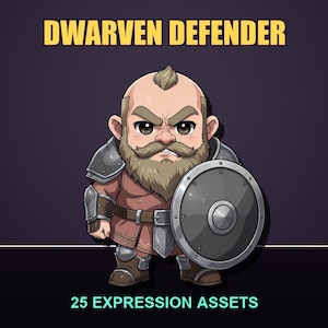 Può includere: Un'illustrazione digitale di un personaggio etichettato DWARVEN DEFENDER con 25 EXPRESSION ASSETS. Il personaggio ha una barba, una tunica marrone, un'armatura in metallo grigio su spalle e braccia e tiene uno scudo rotondo grigio.