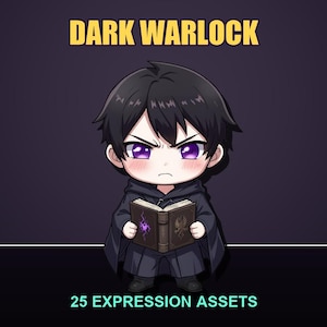 Può includere: Un personaggio in stile chibi con capelli neri e occhi viola che indossa un mantello scuro, che tiene in mano un libro aperto con un grafico a fiamma viola. Il testo DARK WARLOCK appare in alto e 25 EXPRESSION ASSETS è in basso.