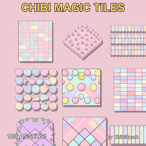 Puede incluir: Una colección de activos digitales titulada CHIBI MAGIC TILES de ChibiSpark con 100 elementos. La imagen muestra varios azulejos cuadrados y rectangulares en colores pastel, incluyendo patrones de círculos, bloques geométricos, hierba y flores.