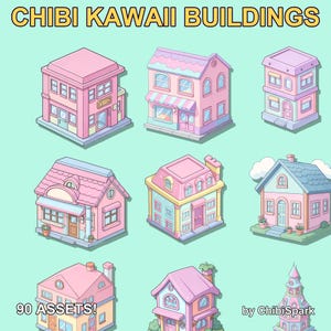 Pode incluir: Uma coleção de nove edifícios ilustrados em tons pastel de rosa, azul e roxo, dispostos em uma grade. O texto CHIBI KAWAII BUILDINGS aparece no topo, com 90 ASSETS! e by ChibiSpark na parte inferior contra um fundo verde claro.