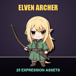 Può includere: Un'illustrazione in stile chibi di un arciere elfo con lunghi capelli biondi e orecchie a punta, che indossa una tunica verde e stivali marroni. Il personaggio tiene in mano un arco di legno. Il testo ELVEN ARCHER e 25 EXPRESSION ASSETS è presente.