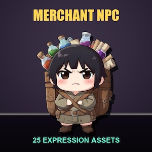 Può includere: Un'illustrazione digitale di un personaggio chibi con capelli neri, che indossa una tunica marrone e trasporta un grande zaino in legno pieno di boccette di pozioni colorate e pergamene. Il testo MERCHANT NPC e 25 EXPRESSION ASSETS è visibile.