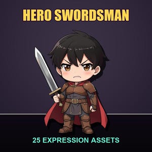 Può includere: Un'illustrazione in stile chibi di uno spadaccino dai capelli scuri, che indossa un'armatura marrone e un mantello rosso, impugnando una spada argentata. Il testo HERO SWORDSMAN appare in alto e 25 EXPRESSION ASSETS è scritto in basso.