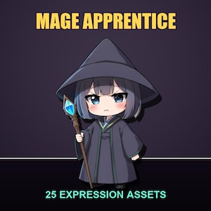 Può includere: Un'illustrazione digitale di un personaggio chibi che indossa una tunica grigio scuro e un cappello a punta abbinato. Il personaggio tiene un bastone di legno sormontato da un cristallo blu. Il testo MAGE APPRENTICE e 25 EXPRESSION ASSETS appare in giallo e azzurro.