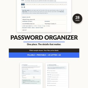 Agenda per password stampabile standard per anziani e famiglie / Organizzatore di password e registro accessi stampabile / Schede Wi-Fi, guida alle truffe, sistema di tracciamento in due passaggi