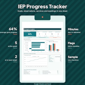 IEP-tracker spreadsheet voor ouders, IEP-planner, IEP-doel- en voortgangstracker, vergaderchecklist, 504-planorganizer, spreadsheets en Excel