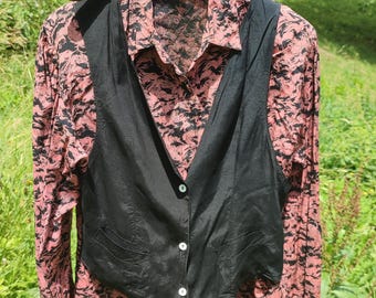 Vintage 90s Italian Viscose Blouse with Faux Vest, Dusty Rose Print