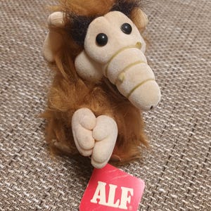 Può includere: Un peluche del personaggio ALF, con muso beige, occhi neri e pelliccia marrone. Il giocattolo ha un'etichetta rossa con la scritta "ALF". Il giocattolo è su una superficie strutturata.