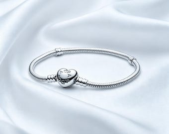 Moments slangenarmband met hartsluiting,aangepaste bedelarmband voor dames | Sieraden van 925 sterlingzilver met kralen