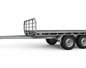 May include: A galvanized steel flatbed trailer featuring a dual-axle design with four black rubber tires, a sturdy metal mesh headboard, and a long drawbar with a hitch coupler at the front, presented against a plain white background.
