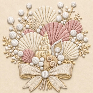 May include: An embroidery design featuring a bouquet of various seashells in shades of cream, beige, and dusty pink, accented with small white spherical floral elements and thin stems, all tied together at the base with a large, textured beige bow.