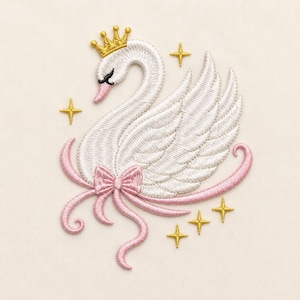 Zwanenprinses borduurontwerp, kroonzwaan met roze strik borduurbestand, schattig sprookjesachtig machineborduurpatroon