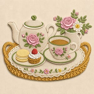 May include: An embroidered design on fabric featuring a cream-colored teapot, a teacup on a saucer, and a small pitcher with pink roses and green leaves. A yellow woven tray holds the tea set, a yellow macaron, and a strawberry-topped cupcake.