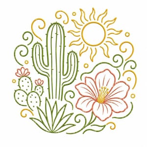 May include: A circular embroidery design featuring a green saguaro cactus, a smaller prickly pear cactus with pink flowers, a large pink desert flower, and a yellow sun. The composition is accented with green and yellow swirling line art.