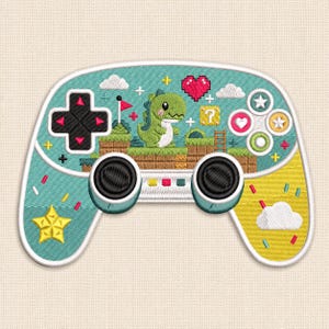 Diseño de bordado de dinosaurio gamer, lindo dinosaurio con control de videojuegos, parche de juego kawaii, regalo para niños gamers, arte arcade retro (descarga digital)