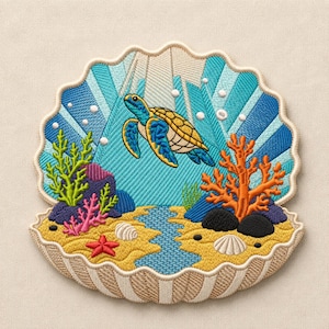 May include: An embroidered patch shaped like an open scallop shell featuring a blue and yellow sea turtle swimming in turquoise water. The scene includes orange coral, green seaweed, a pink plant, a red starfish, and white seashells on a sandy floor.