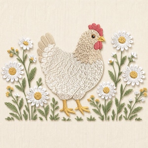 May include: An embroidery design on a light beige fabric featuring a central chicken with tan and white feathers, a red comb, and yellow feet. The chicken is surrounded by white daisy flowers with yellow centers and green stems and leaves.