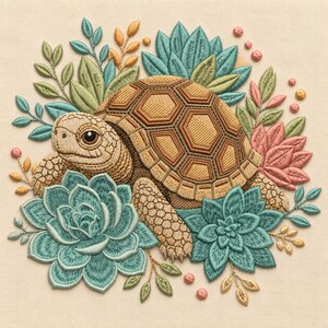 May include: An embroidery design on light beige fabric featuring a tan tortoise with a textured shell surrounded by teal succulents, green leaves, and small pink and yellow floral accents. The detailed stitching creates a layered botanical scene.