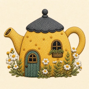 ティーポットハウスのミシン刺繍ファイル、居心地の良いコテージの刺繍デザイン、デイジーフラワーフェアリーホーム、気まぐれなデジタルダウンロード