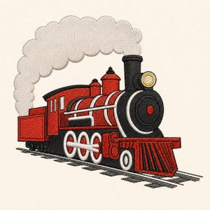 May include: An embroidery design of a red and black steam locomotive train traveling on tracks. The train features a prominent black smokestack, a yellow headlight, and a large plume of white smoke billowing from the top against a plain background.