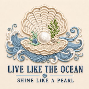 Könnte beinhalten: Ein Stickdesign mit einer offenen beigen Muschel, die eine weiße Perle, grünen Seetang und eine kleine blaue Muschel enthält, umgeben von stilisierten blauen Meereswellen. Der Text lautet: LIVE LIKE THE OCEAN, SHINE LIKE A PEARL.