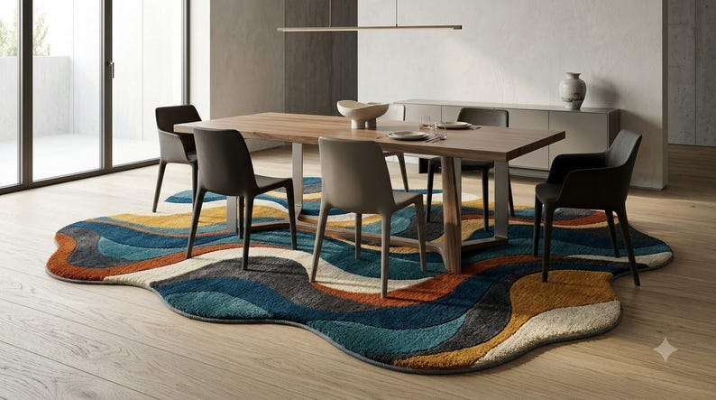 Blue Wavy Pattern Rug Hand Tufted Indian Wool Area Rug: Abstract Wave Pattern in Teal and ...