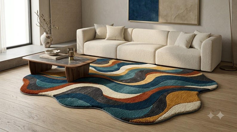 Blue Wavy Pattern Rug Hand Tufted Indian Wool Area Rug: Abstract Wave Pattern in Teal and ...
