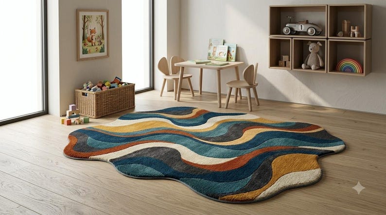 Colorful Patterned Rug Hand Tufted Indian Wool Area Rug: Abstract Wave Pattern in Teal and ...