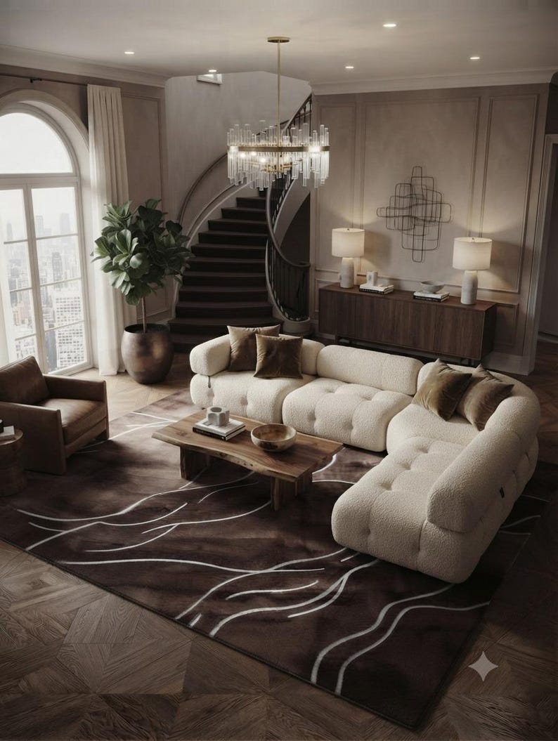 Hand Tufted Indian Wool Area Rug, Abstract Brown Cream Wave Carpet - Etsy
