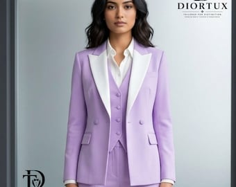 Women's Lavender 3-Piece Tuxedo Suit – Weddings Tailored White Contrast Peak Lapel Blazer Trousers