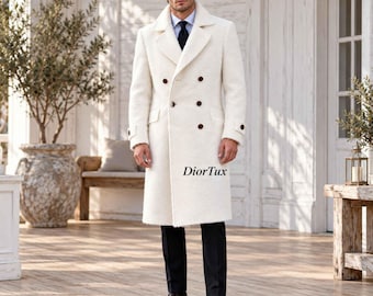 Manteau long blanc ivoire pour homme, manteau d'hiver texturé à double boutonnage, manteau habillé élégant, vêtement d'extérieur classique et luxueux pour homme