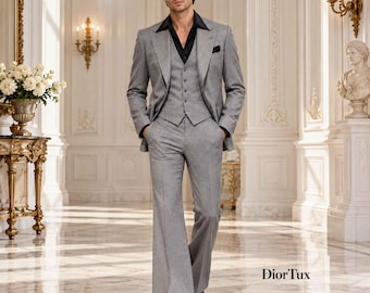 Men's Grey 3-Piece Vintage Retro 1980s Suit, Flared Trousers, Classic Waistcoat & Black Shirt Formal Party Outfit