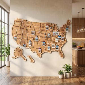 May include: A large wall-mounted cork board shaped like the map of the United States, including Alaska and Hawaii. The board features individual state outlines with engraved names and is decorated with various small photographs pinned to specific locations.