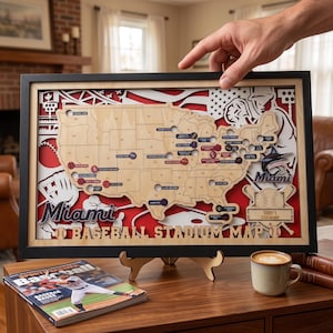 May include: A framed wooden map of the United States featuring baseball stadium locations, with a red background, the text "Miami" and "BASEBALL STADIUM MAP", and a "Tebry's Stadium Map" plaque. The map includes cutouts for stadium markers.