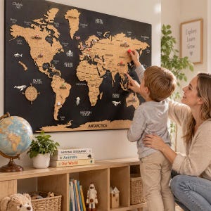 May include: A large wall-mounted world map featuring cork continents on a black background. The map includes labels for countries and oceans, decorative wooden icons of sea creatures and a compass rose, and colorful push pins placed on various locations.