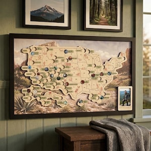 May include: A framed wooden map of the United States featuring circular cutouts for coin collection, state abbreviations, and small etched animal icons. A small rectangular photo frame is attached to the bottom right corner with a photo of a hiker.