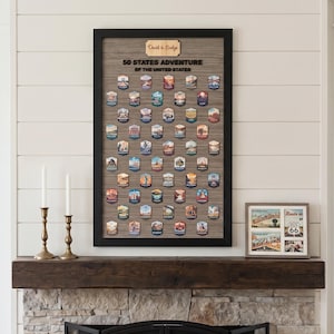 Può includere: Un espositore da parete rettangolare con cornice nera e sfondo effetto legno, recante la scritta 50 STATES ADVENTURE OF THE UNITED STATES e una targhetta con nome. Contiene cinquanta piccole toppe colorate a forma di scudo per ogni stato.