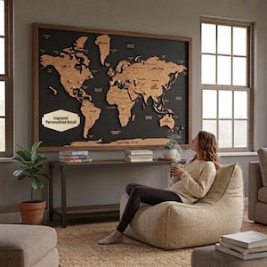 Personalized Push Pin World Map Cork Board - Wooden World Travel Bucket List Map - Large Home Office Decor - Thanksgiving & Christmas Gift