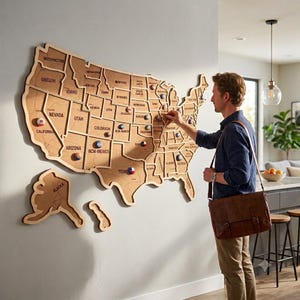 50 States Cork Board - Wooden USA Travel Map with Push Pins - RV Adventure Wall Decor & Gift for Traveler