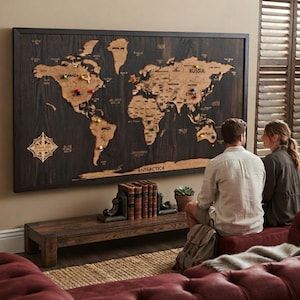 Peut inclure: Une grande carte du monde rectangulaire fixée au mur, composée d'un fond en bois sombre et de découpes de continents en bois clair. La carte présente des noms de pays gravés, une rose des vents et plusieurs punaises colorées.