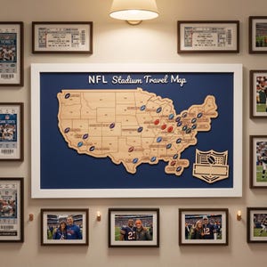 Carte personnalisée des stades de la NFL - Liste de souhaits de football en bois - Suivi de voyage en camping-car - Cadeau de Thanksgiving et de Noël
