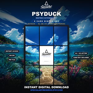 May include: A digital download set of 8 extended art cards featuring a Psyduck-inspired underwater coral reef scene with blue skies and clouds. The graphic includes text labels like Special Art Reserve, 300 DPI, PDF File, and A4 + US Letter.