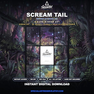 May include: A digital 9-card binder set featuring Scream Tail inspired extended art. The design displays a dark, bioluminescent forest with glowing purple and blue flora, a stream, and the Special Art logo. Text includes "SCREAM TAIL", "9 CARD BINDER SET", and "INSTANT DIGITAL DOWNLOAD".