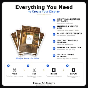 May include: A digital product guide titled Everything You Need to Create Your Display. It features 9 individual extended art cards, A4 and US letter formats, print instructions, PDF download, and cut guides. Includes a 4-step print, cut, insert, display process.