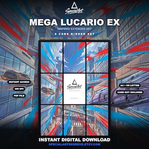 Könnte beinhalten: Ein digitales Download-Set für einen 9-Karten-Ordner mit erweiterter Kunst, inspiriert von Mega Lucario EX. Die Grafik zeigt eine futuristische Stadt mit fliegenden Fahrzeugen, blauen und roten Bewegungsstreifen sowie Text wie Instant Access, 300 DPI, PDF File.