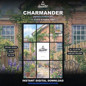 May include: A 9-card binder set digital download featuring Charmander inspired extended art. The image displays a brick house exterior with a garden, a stone patio, and a metal bench. Text includes "CHARMANDER", "9 CARD BINDER SET", and "INSTANT DIGITAL DOWNLOAD".